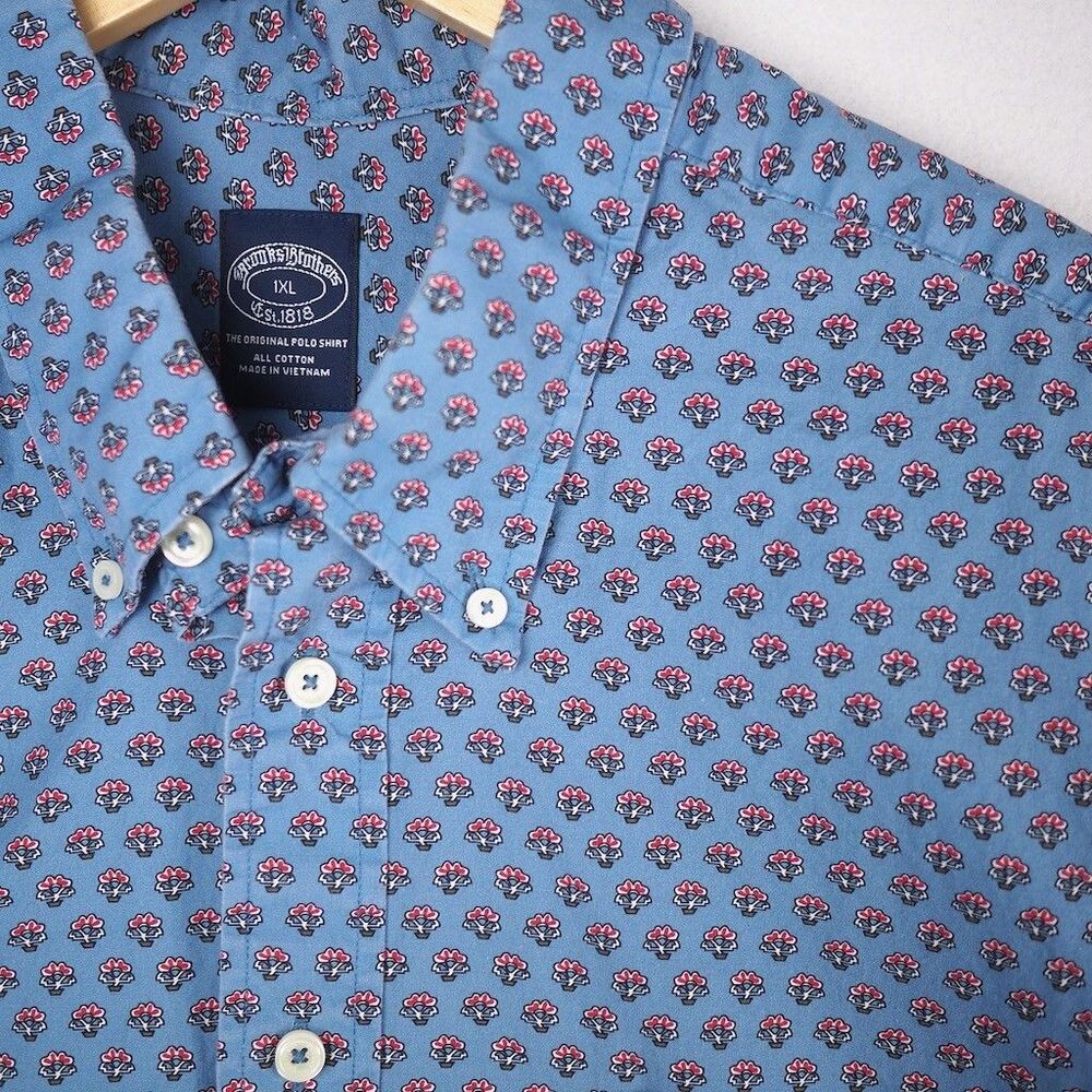 Brooks Brothers Shirt Men 1X Blue Floral Print Long Sleeve Blossom Plant Tree